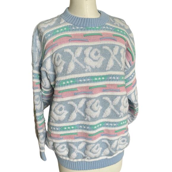Vintage 80s Rose Pastel Sparkle Coogi Style Chunky Knit Sweater Fairy Kei M/L - Picture 1 of 10